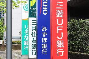 Signs and Logos of the Four Major Banks in Toyosu